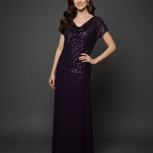 J Kara Women's Petite Long Beaded Chiffon Flutter Sleeve Purple Gown Size 12P